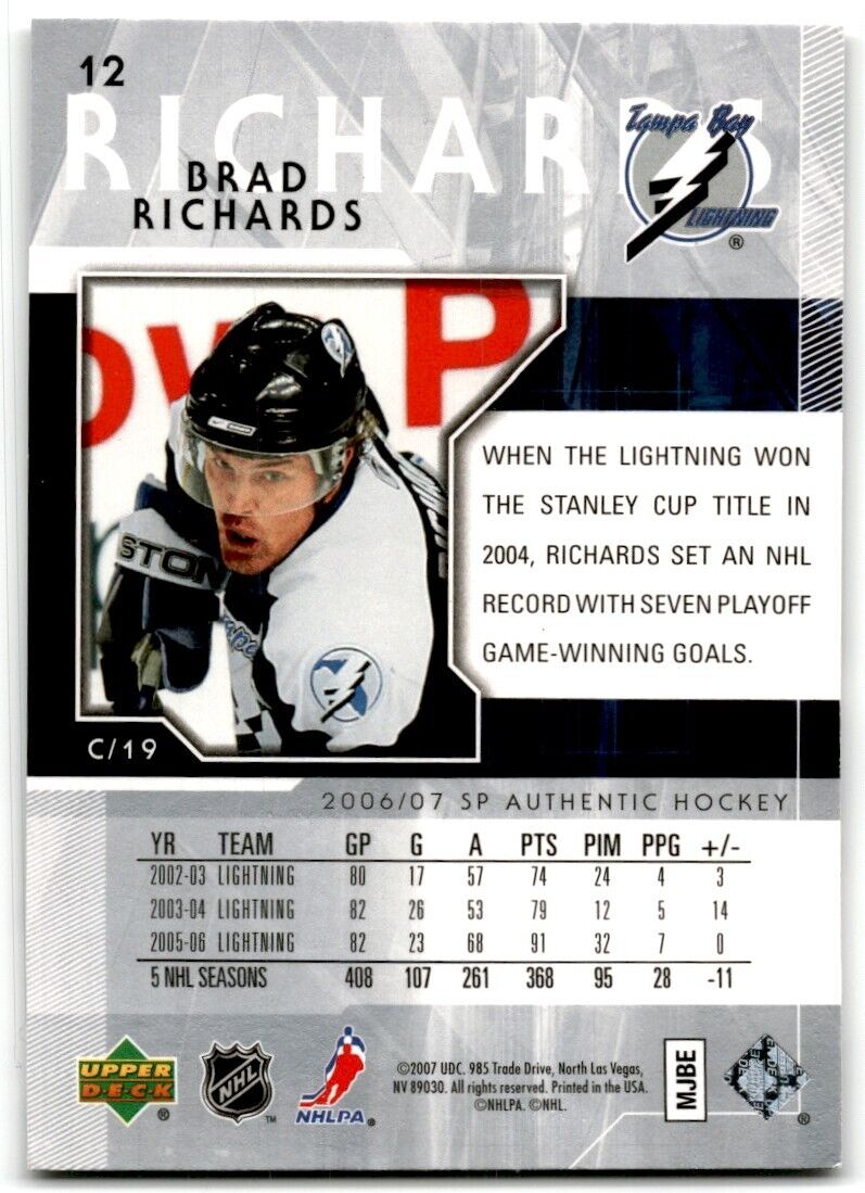 2006-07 SP Authentic Brad Richards Tampa Bay Lightning #12