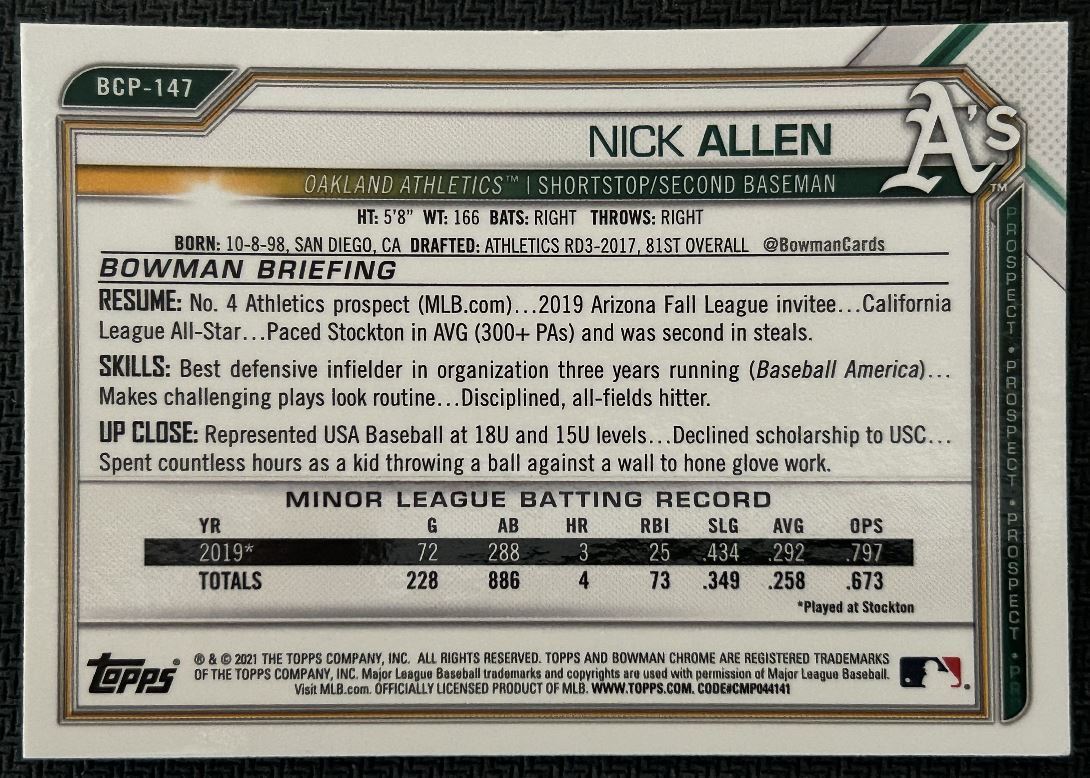 2021 Bowman Chrome Prospects Nick Allen Oakland Athletics #BCP-147