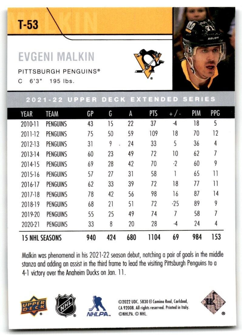 2021-22 Upper Deck Evgeni Malkin Pittsburgh Penguins #T-53