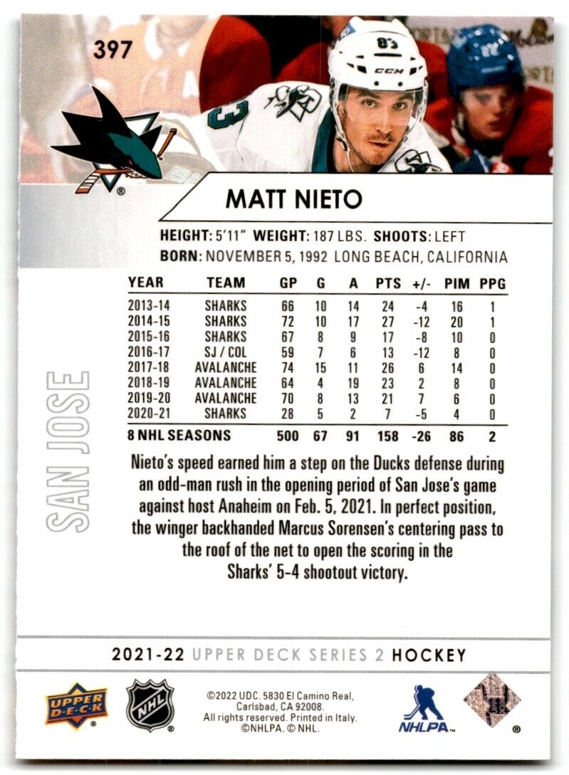 2021-22 Upper Deck Matt Nieto San Jose Sharks #397