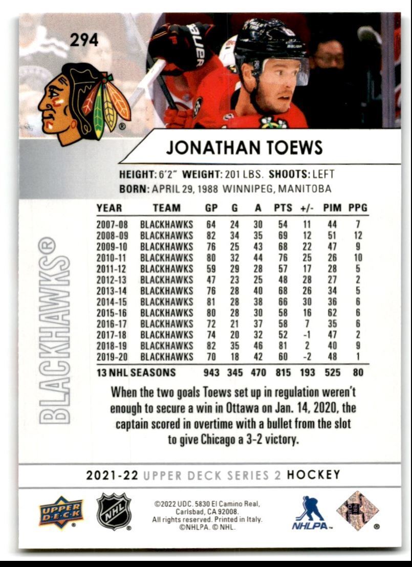 2021-22 Upper Deck Jonathan Toews Chicago Blackhawks #294