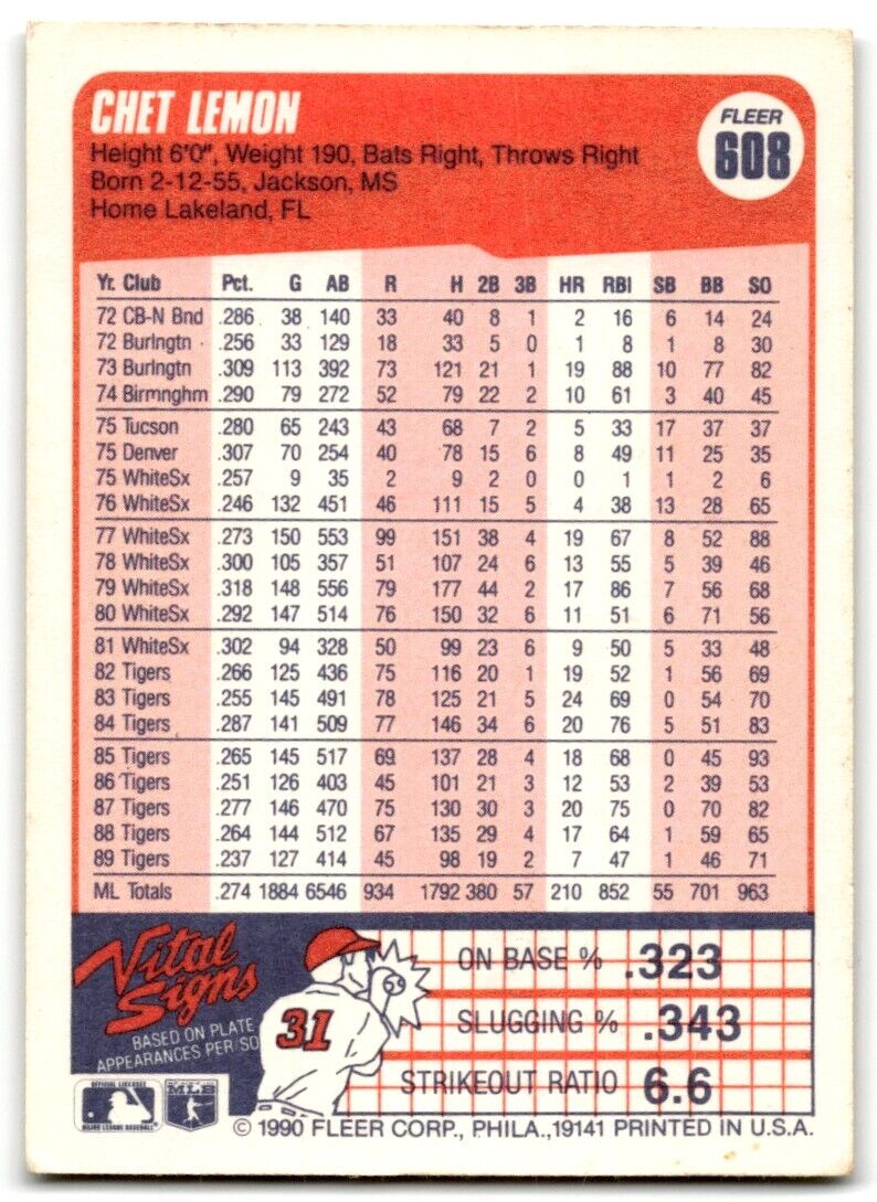 1990 Fleer Chet Lemon Detroit Tigers #608