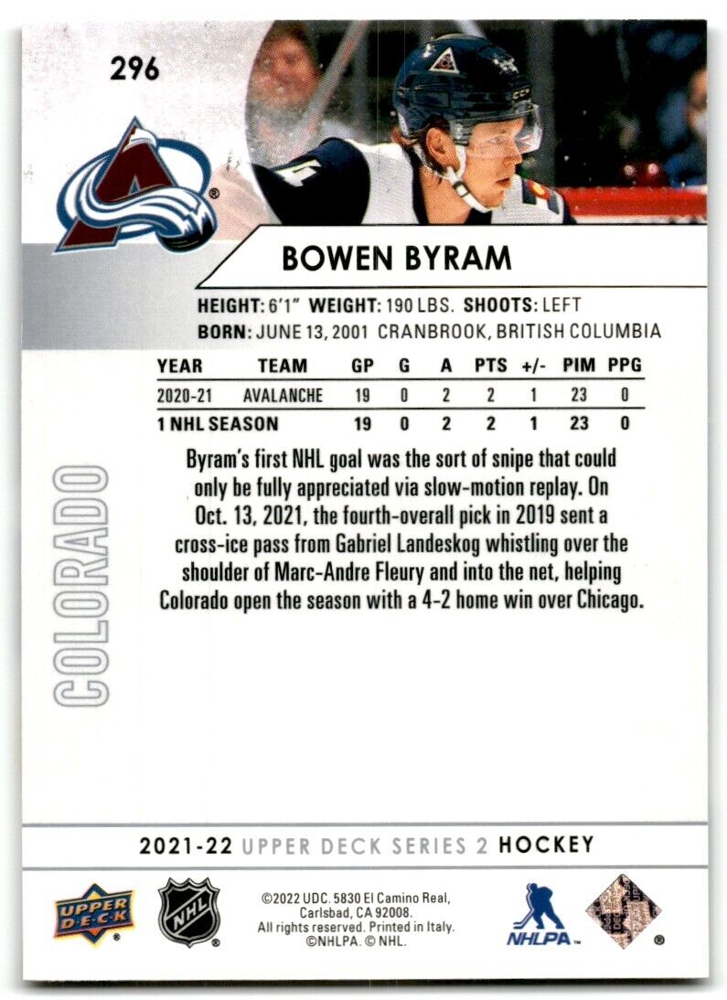 2021-22 Upper Deck Bowen Byram Colorado Avalanche #296