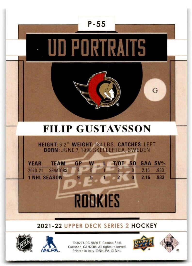 2021-22 Upper Deck UD Portrait Filip Gustavsson Ottawa Senators #RC-29