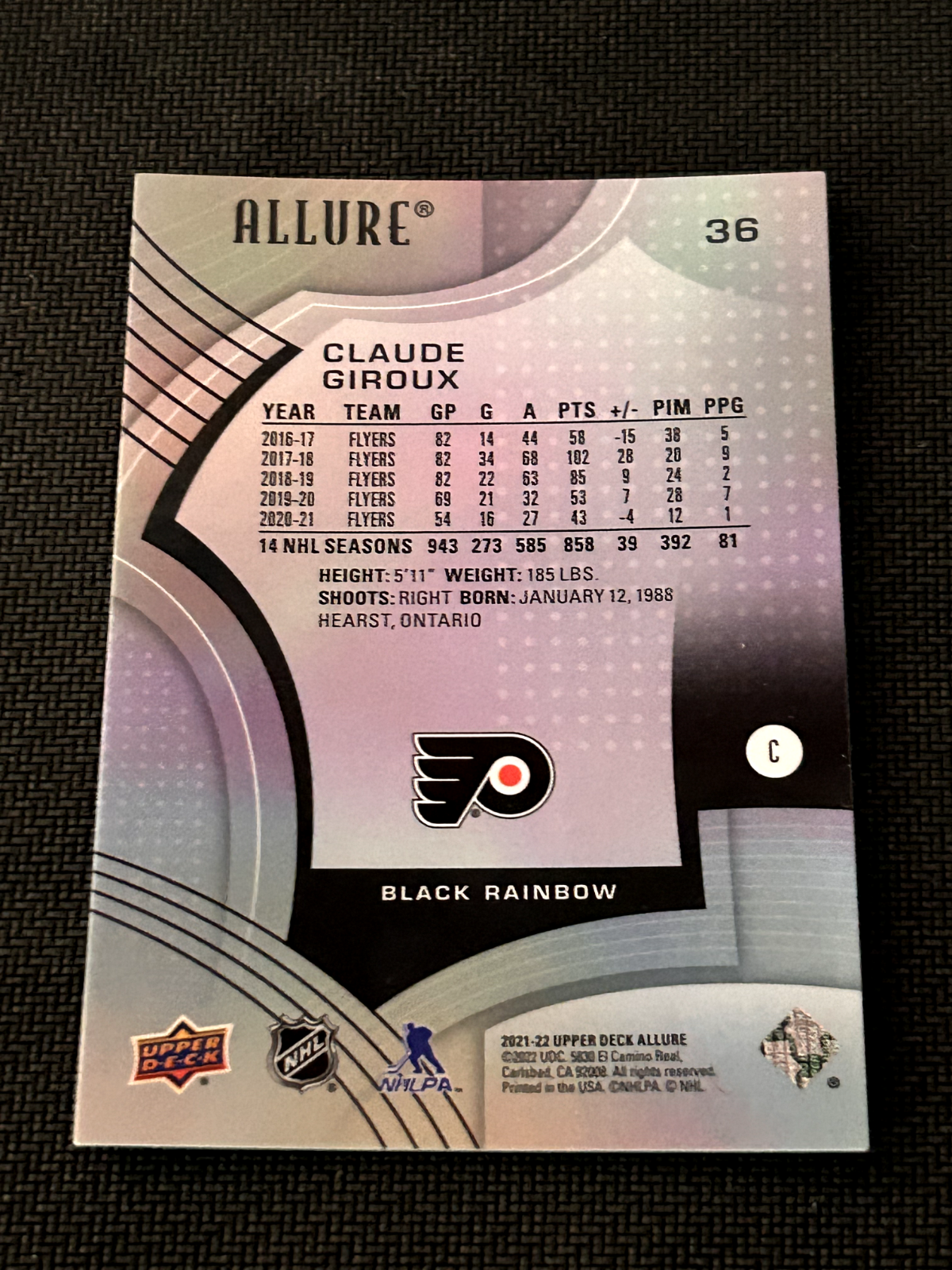 2021-22 UD Allure Base Black Rainbow #36 Claude Giroux - Philadelphia Flyers