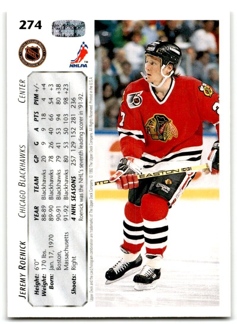 1992-93 Upper Deck Jeremy Roenick Chicago Blackhawks #274