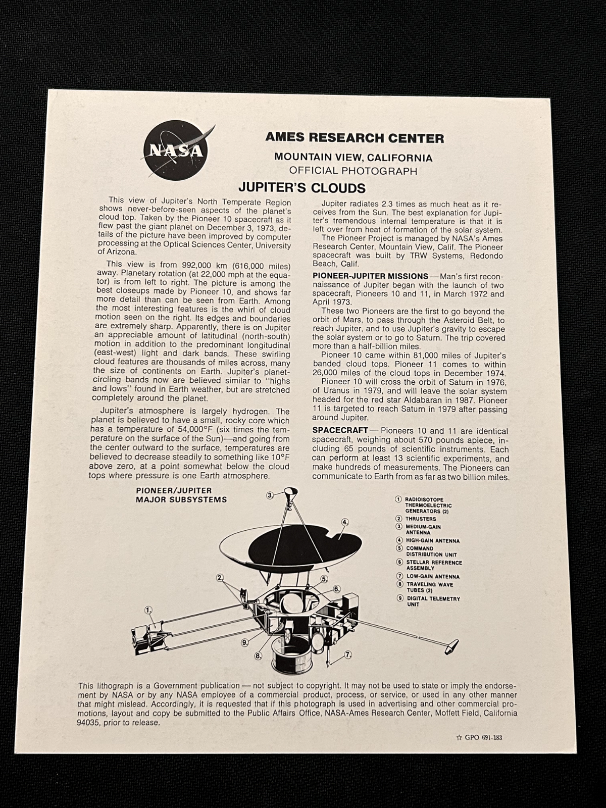 NASA CLOSE-UP VIEW OF JUPITER'S CLOUDS BY PIONEER 10 8X10 litho