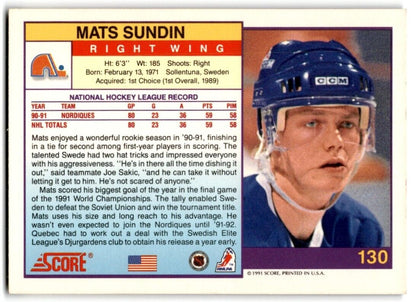 1991-92 Score American Mats Sundin Quebec Nordiques #130