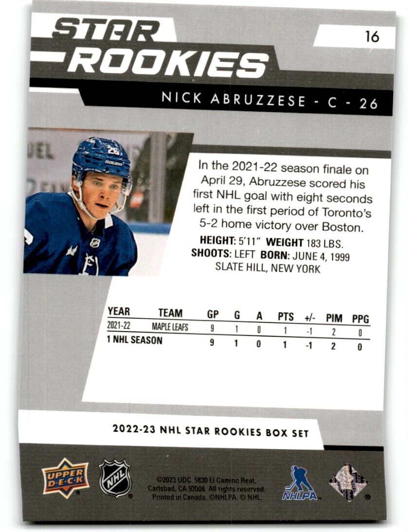 2022-23 Upper Deck Star Rookies Nick Abruzzese Rookie Toronto Maple Leafs #16