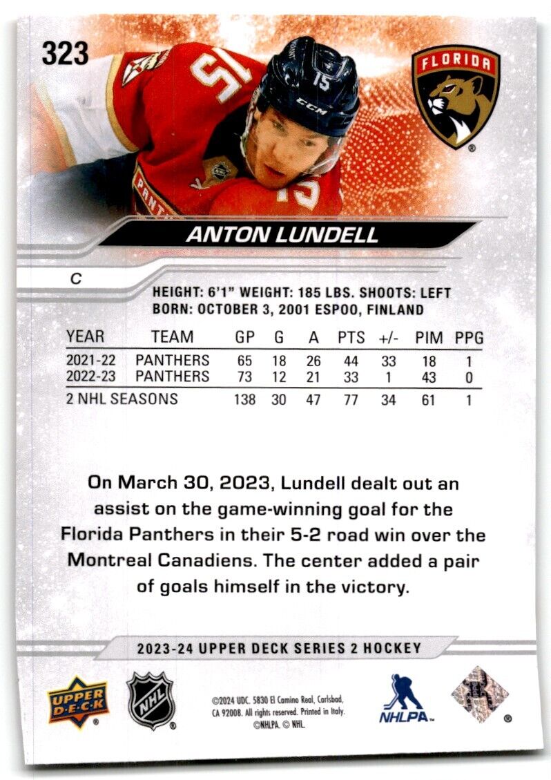 2023-24 Upper Deck Anton Lundell Florida Panthers #323