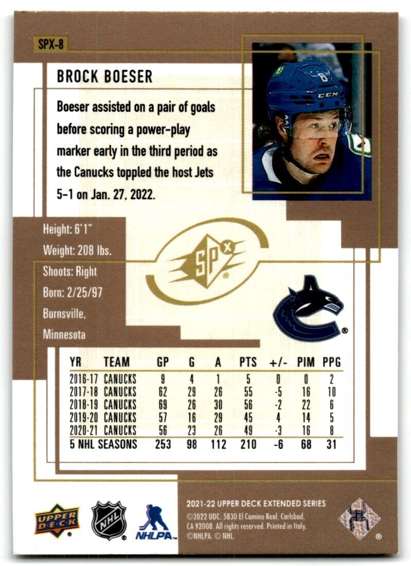 2021-22 Upper Deck 1999-00 SPx Retro Brock Boeser Vancouver Canucks #SPX-8