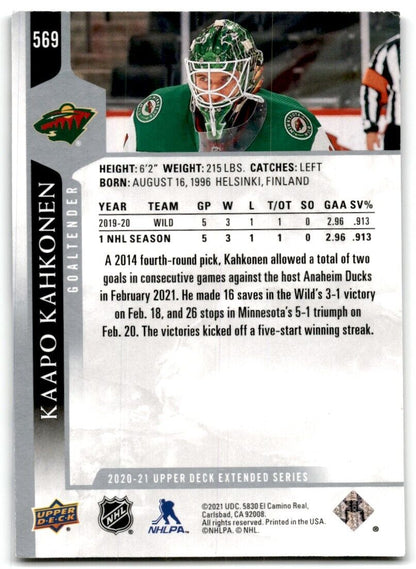 2020-21 Upper Deck Kaapo Kahkonen Minnesota Wild #569