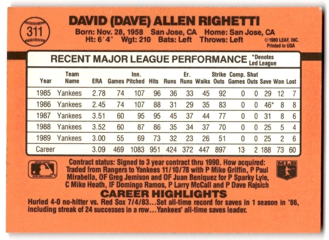 1990 Donruss Dave Righetti New York Yankees #311