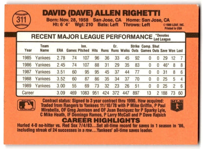 1990 Donruss Dave Righetti New York Yankees #311