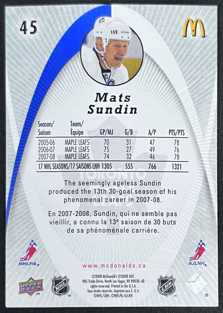 2008-09 McDonald's Upper Deck Mats Sundin Toronto Maple Leafs #45