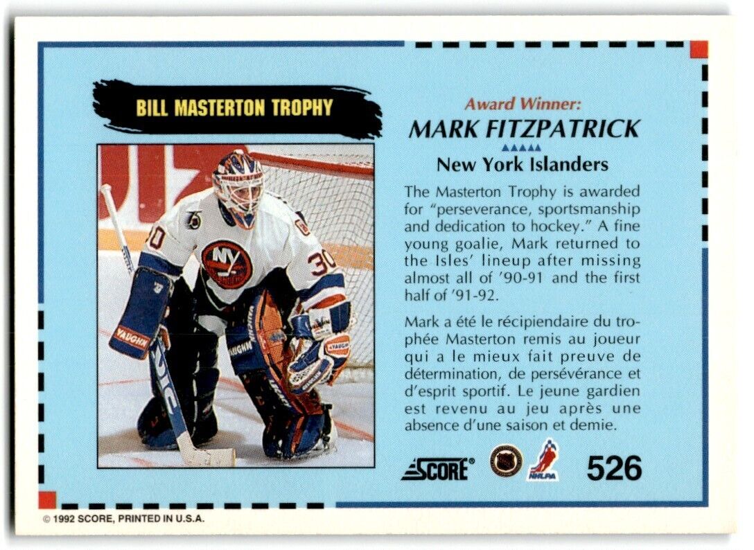 1992-93 Score Canadian Mark Fitzpatrick New York Islanders #526