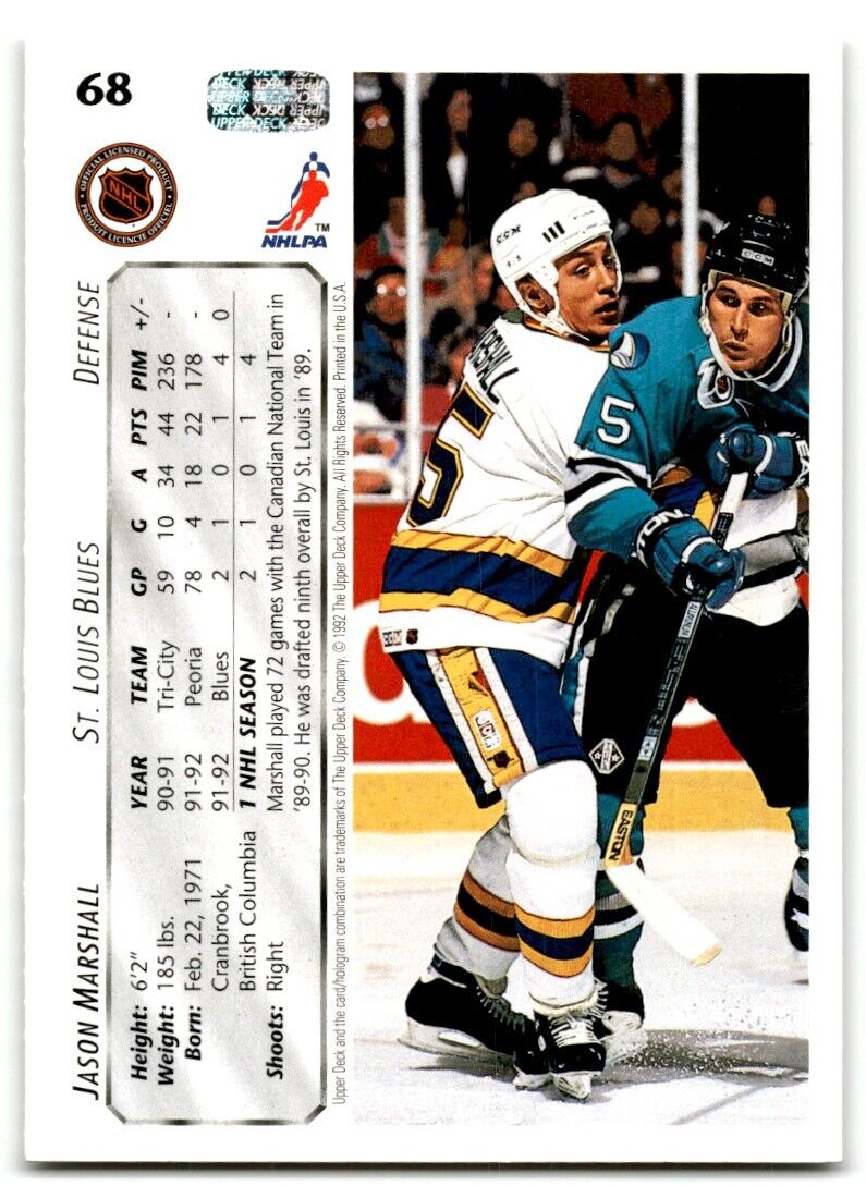 1992-93 Upper Deck Jason Marshall St. Louis Blues #68B