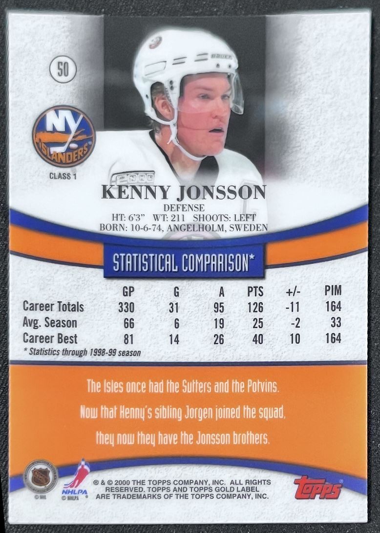 1999-00 Topps Gold Label Kenny Jonsson New York Islanders #50