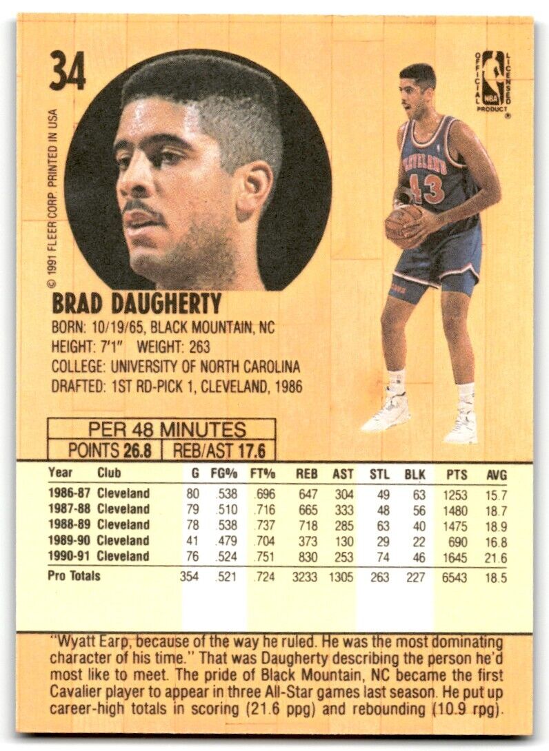 1991-92 Fleer Brad Daugherty Cleveland Cavaliers #34