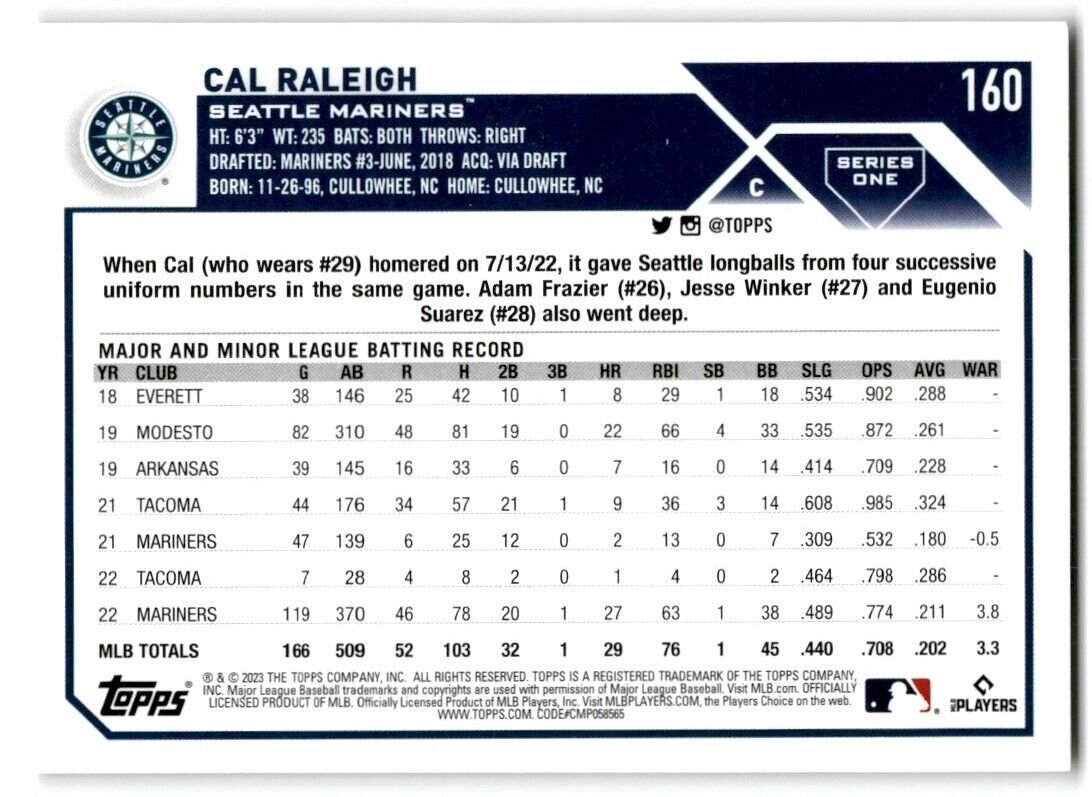 2023 Topps Cal Raleigh Seattle Mariners #160