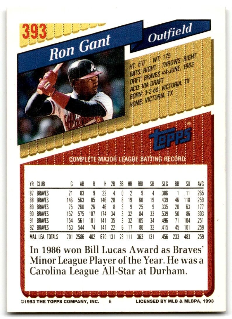 1993 Topps Ron Gant Atlanta Braves #393