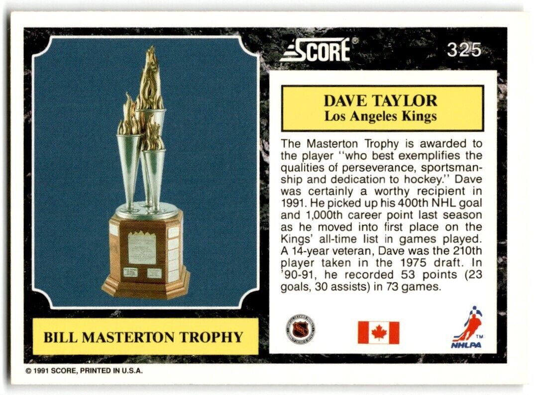 1991-92 Score Canadian Bilingual Dave Taylor (Bill Masterton Trophy) Los Angeles