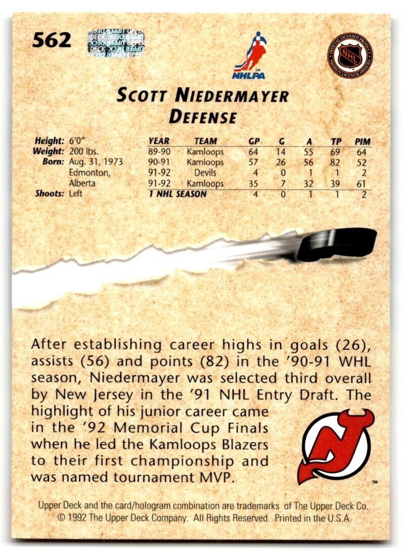 1992-93 Upper Deck Scott Niedermayer Rookie New Jersey Devils #562