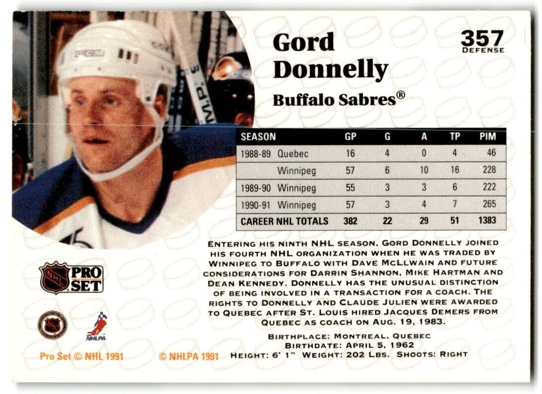 1991-92 Pro Set Gord Donnelly Buffalo Sabres #357