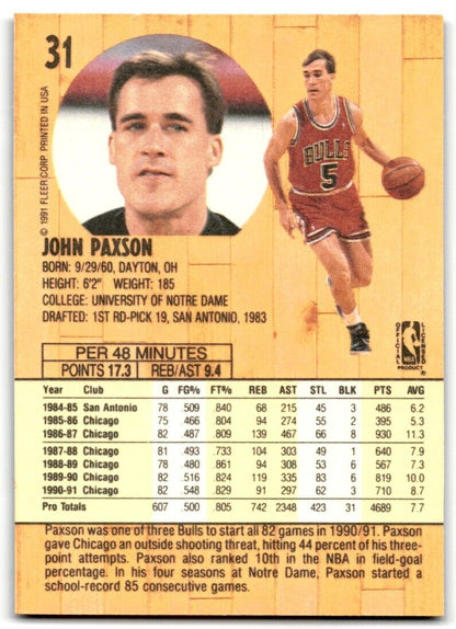 1991-92 Fleer John Paxson Chicago Bulls #31