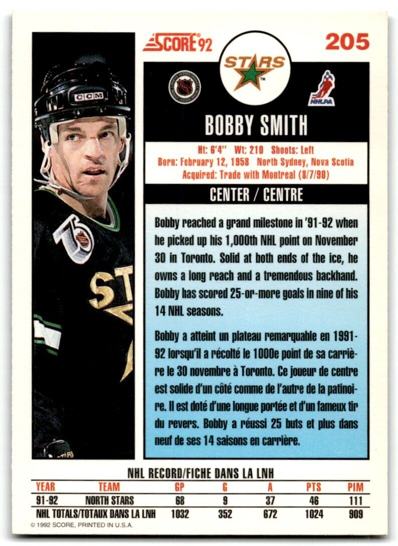 1992-93 Score Bobby Smith Minnesota North Stars #205