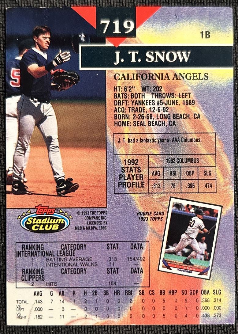 1993 Topps Stadium Club J.T. Snow Rookie California Angels #719