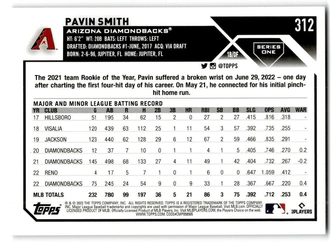 2023 Topps Pavin Smith Arizona Diamondbacks #312