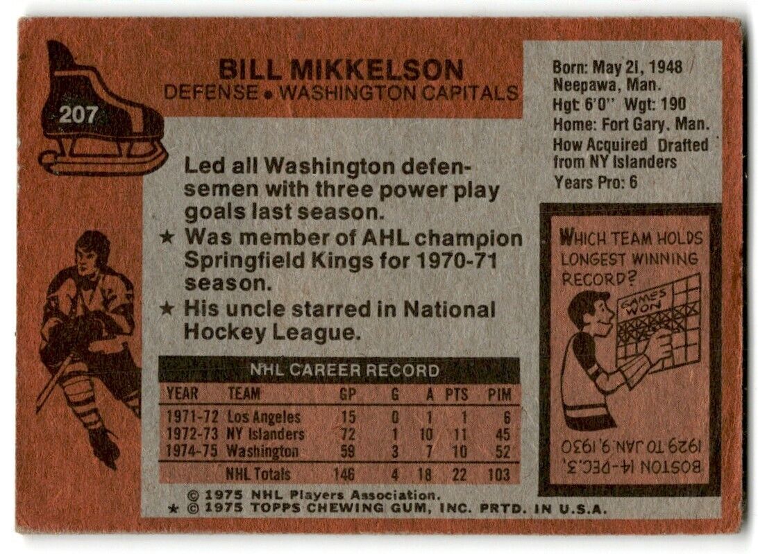 1975-76 Topps Bill Mikkelson Washington Capitals #207