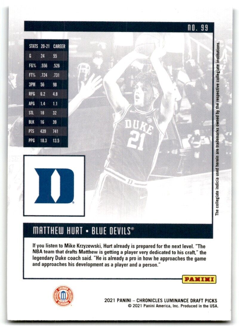 2021-22 Panini Chronicles Luminance Draft Picks Matthew Hurt Duke Blue Devils