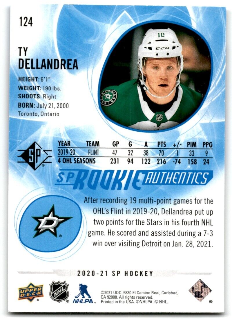 2020-21 Upper Deck Rookie SP Authentic Ty Dellandrea Rookie Dallas Stars #124