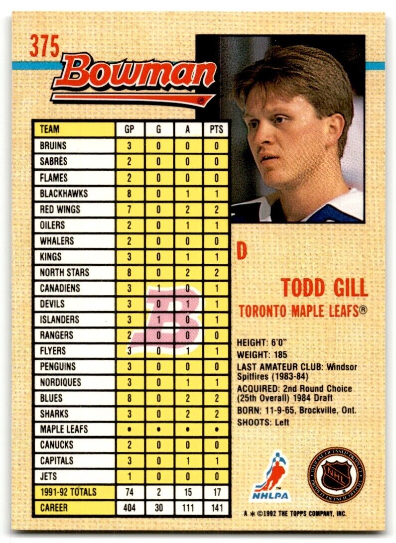 1992-93 Bowman Todd Gill Toronto Maple Leafs #375