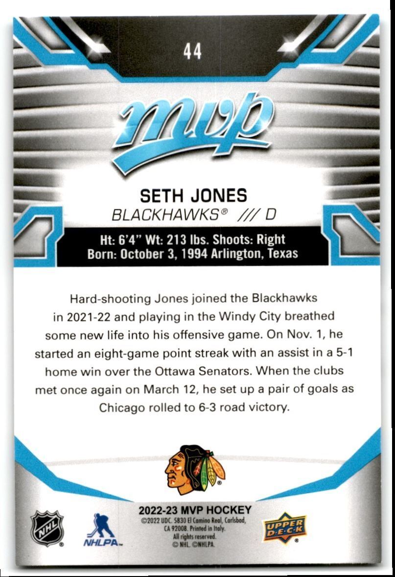 2022-23 Upper Deck MVP Seth Jones Chicago Blackhawks #44