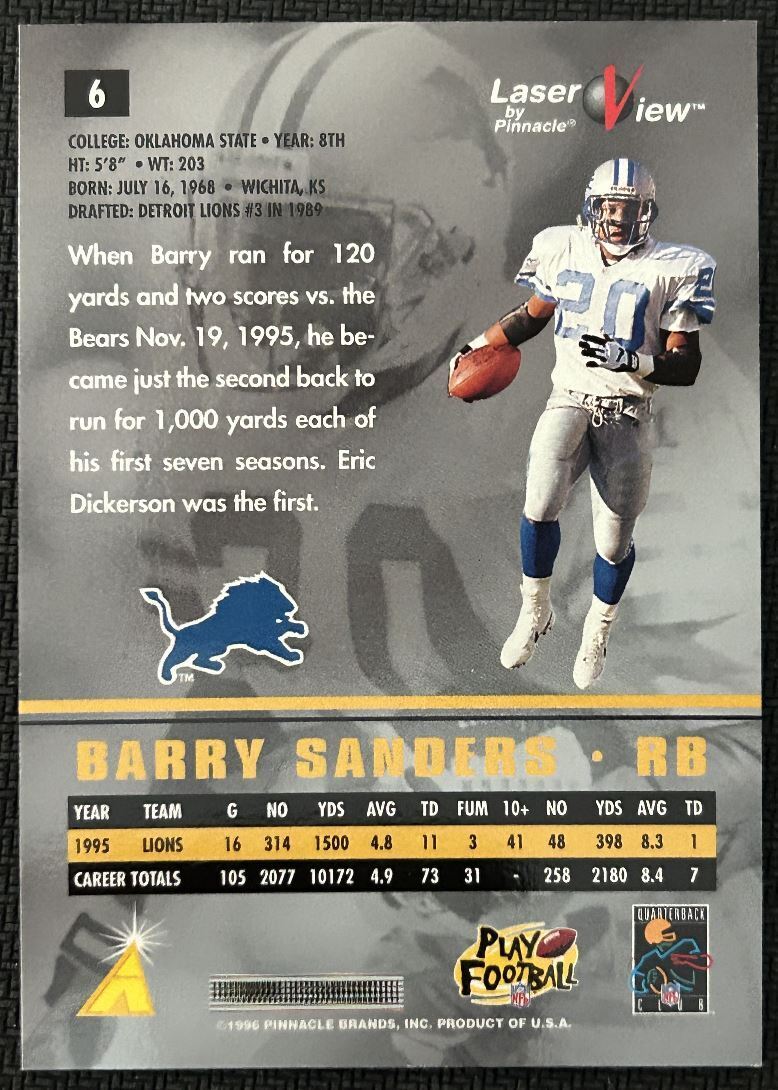 1996 Pinnacle Laser View Hologram Barry Sanders Detroit Lions #6