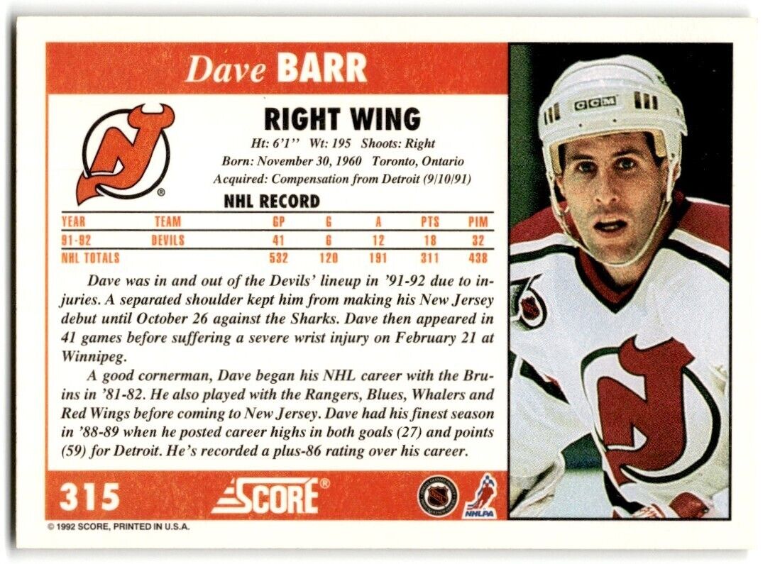 1992-93 Score Dave Barr New Jersey Devils #315