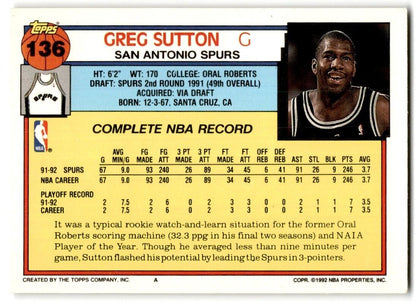 1992-93 Topps Greg Sutton San Antonio Spurs #136