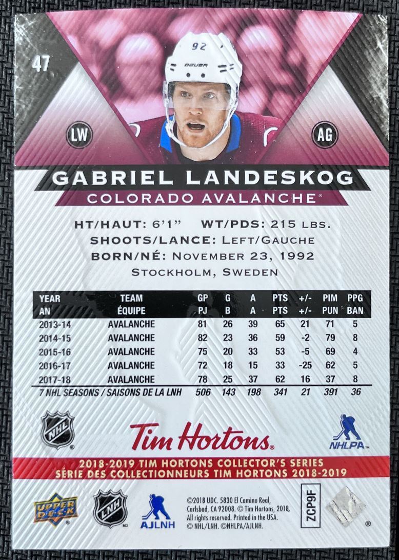 2018-19 Upper Deck Tim Hortons Gabriel Landeskog Colorado Avalanche #47