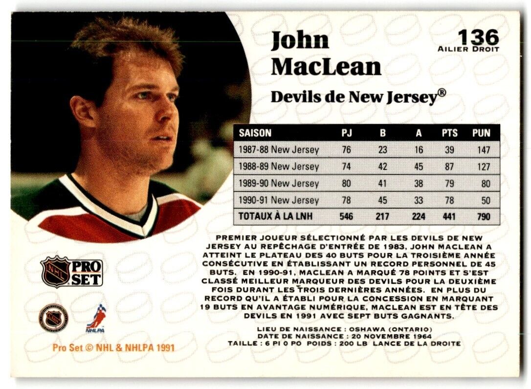 1991-92 Pro Set French John MacLean New Jersey Devils #136