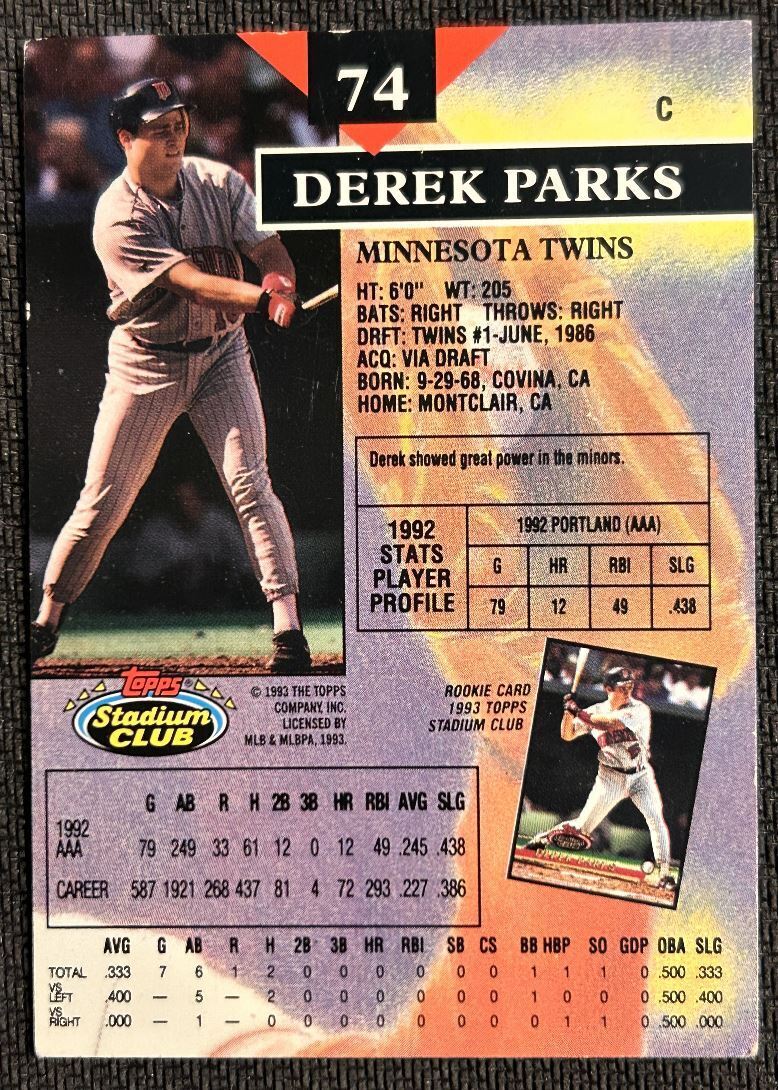 1993 Stadium Club Derek Parks Minnesota Twins #74