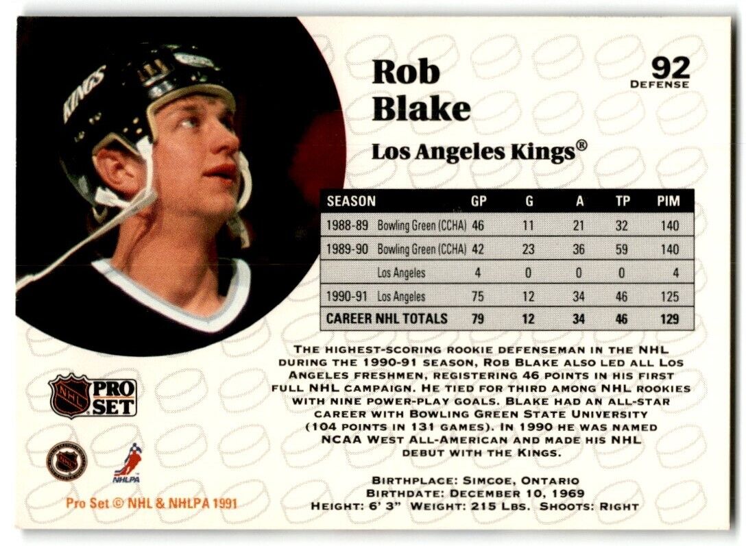 1991-92 Pro Set Rob Blake Los Angeles Kings #92