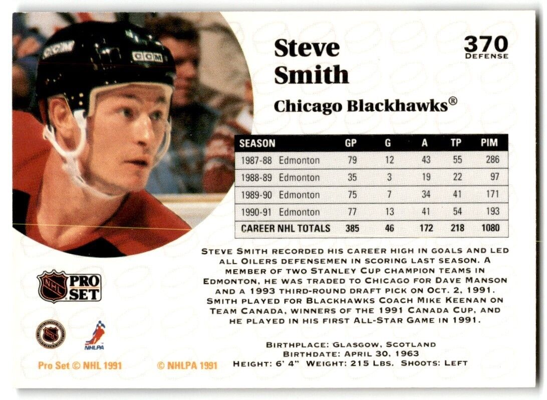 1991-92 Pro Set Steve Smith Chicago Blackhawks #370