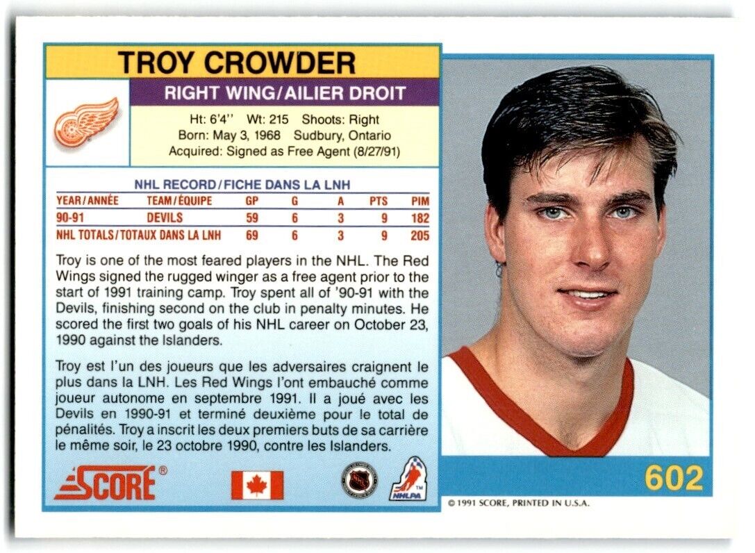 1991-92 Score Canadian Bilingual Troy Crowder Detroit Red Wings #602