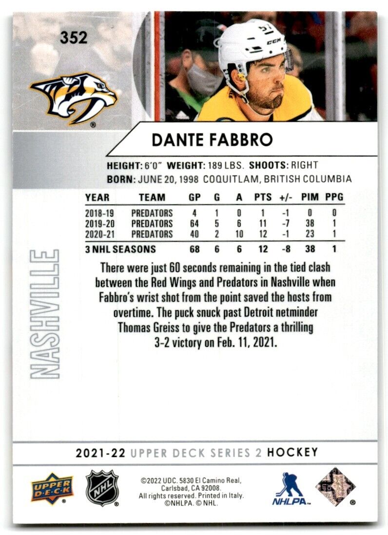 2021-22 Upper Deck Dante Fabbro Nashville Predators #352