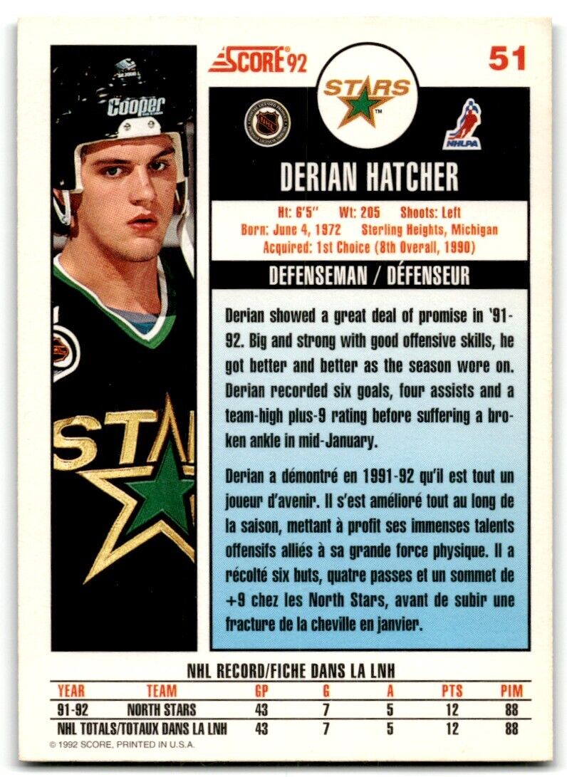 1992-93 Score Derian Hatcher Minnesota North Stars #51