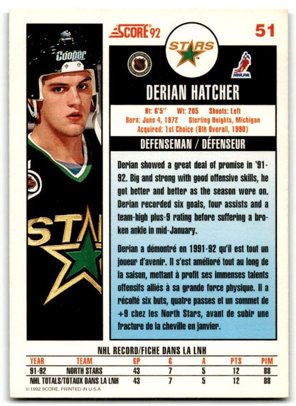 1992-93 Score Derian Hatcher Minnesota North Stars #51