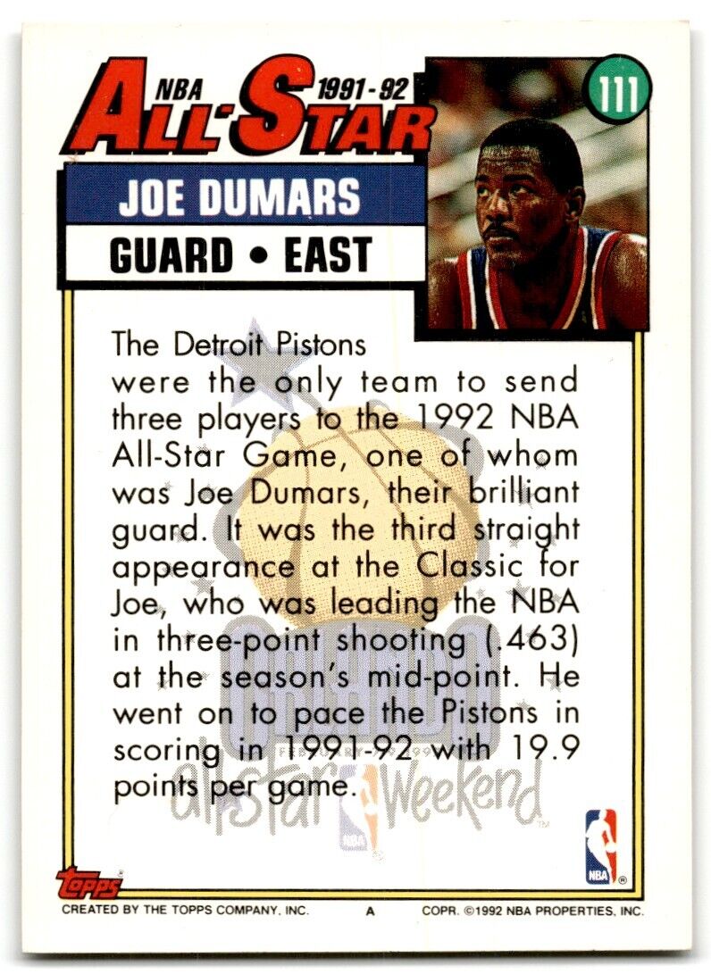 1992-93 Topps All-Star Joe Dumars Detroit Pistons #111